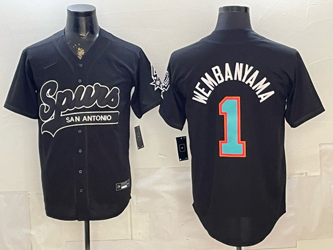 Men's San Antonio Spurs #1 Victor Wembanyama Black Stitched Baseball Jersey 003