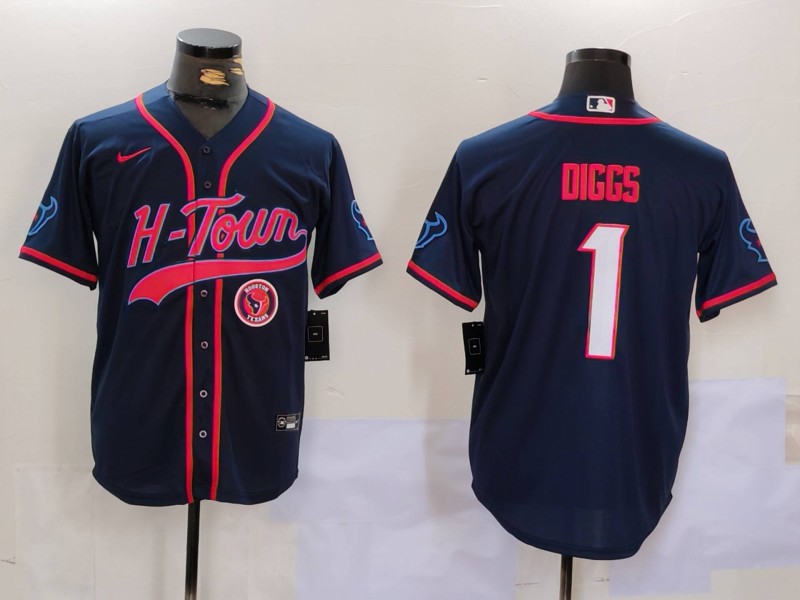 Men's Houston Texans #1 Stefon Diggs Navy With Patch Cool Base Stitched Baseball Jersey 1