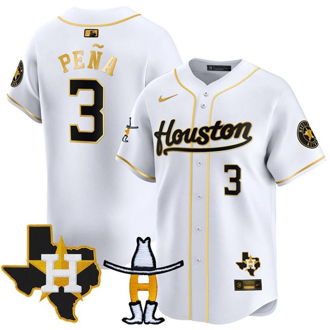 Men's Houston Astros #3 Jeremy Pe?a White Gold Houston Rodeo Patch Vapor Premier Limited Stitched Baseball Jersey Men's Houston Astros #3 Jeremy Pe?a White Gold Houston Rodeo Patch Vapor Premier Limited Stitched Baseball Jersey