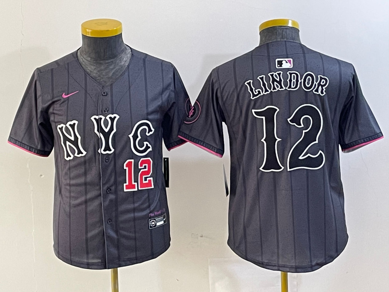 Youth New York Mets #12 Francisco Lindor Graphite 2024 City Connect Limited Stitched Baseball Jersey 5
