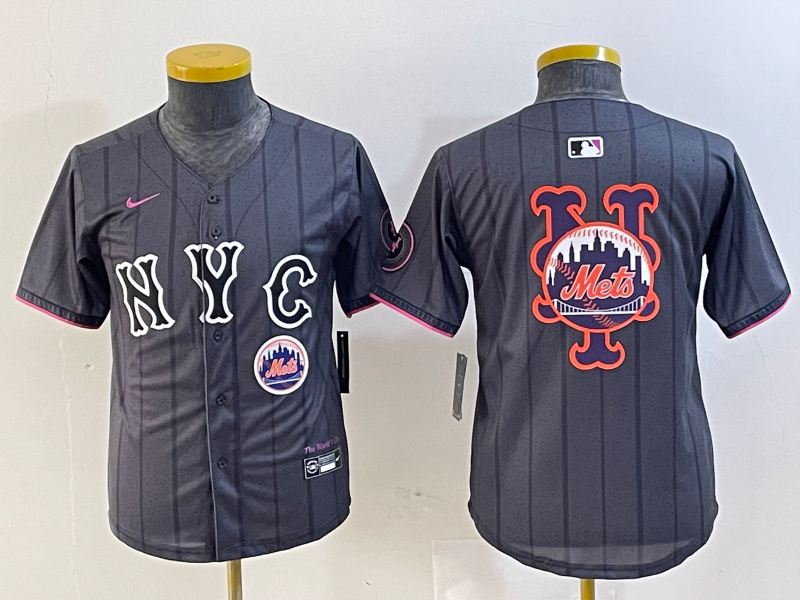 Youth New York Mets Team Big Logo Graphite 2024 City Connect Limited Stitched Baseball Jersey 3