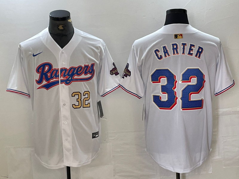 Men's Texas Rangers #32 Evan Carter White Gold Cool Base Stitched Baseball Jersey
