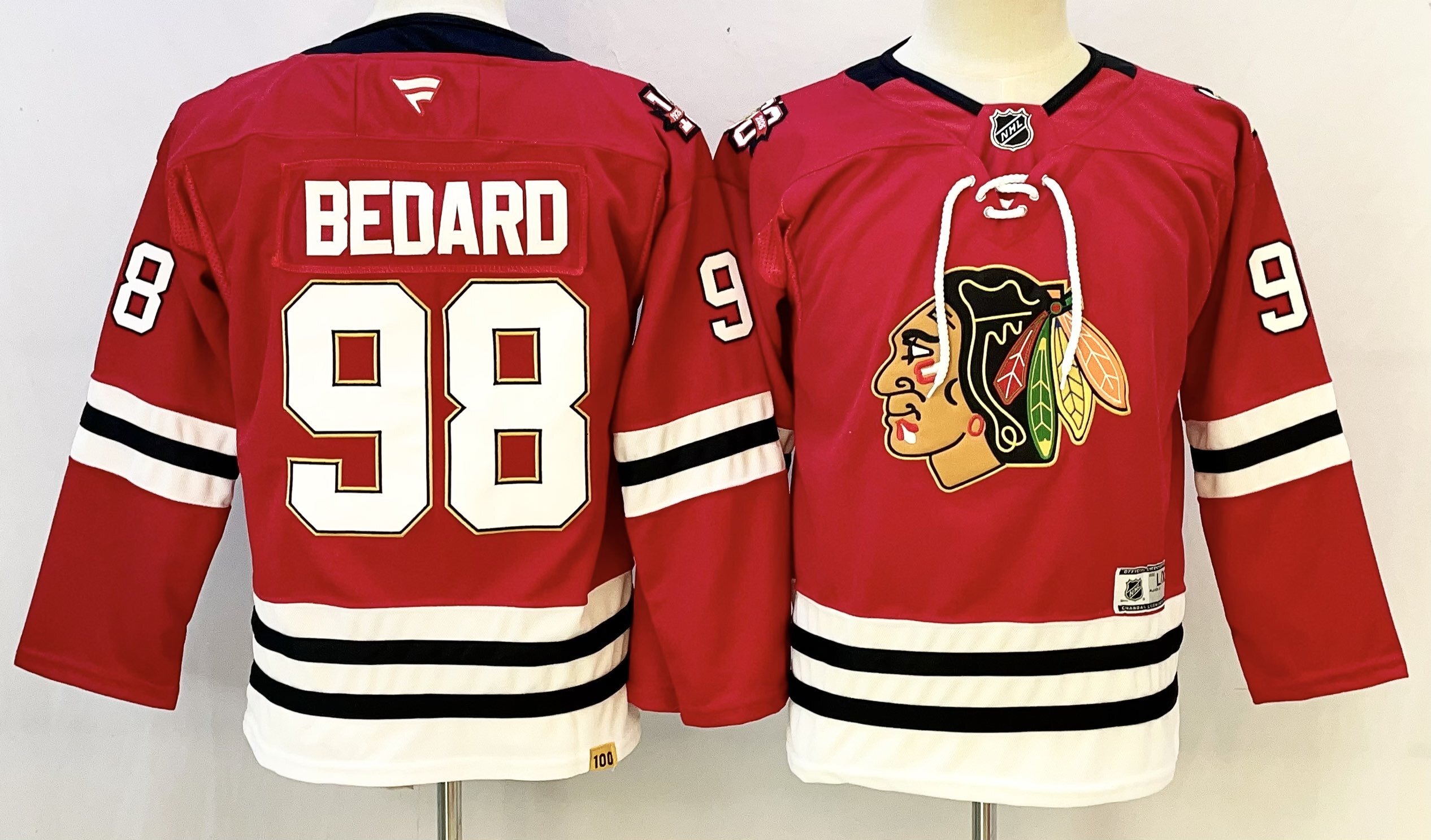 Youth Chicago Blackhawks #98 Connor Bedard Red 2025 Home 100th Anniversary Stitched Hockey Jersey