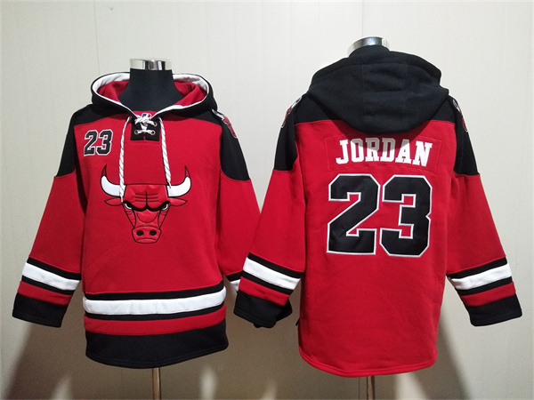 Men's Chicago Bulls #23 Michael Jordan Red Black Ageless Must-Have Lace-Up Pullover Hoodie