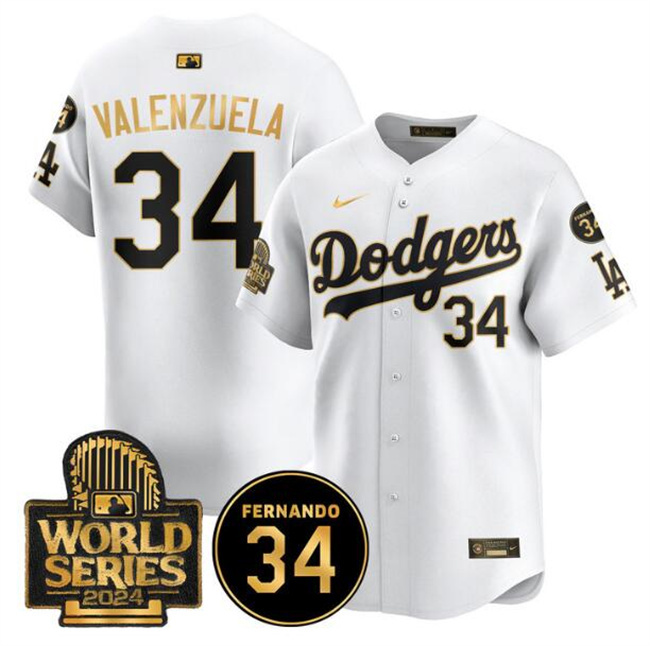 Men's Los Angeles Dodgers #34 Toro Valenzuela White Gold 2024 World Series With Fernando Memorial Patch Limited Stitched Baseball Jersey