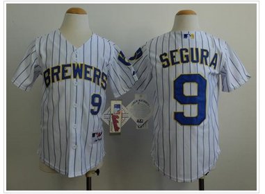 Youth MLB Brewers #9 Jean Segura White(Blue Stripe) Cool Base Jersey