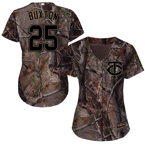 Twins #25 Byron Buxton Camo Realtree Collection Cool Base Women's Stitched Baseball Jersey