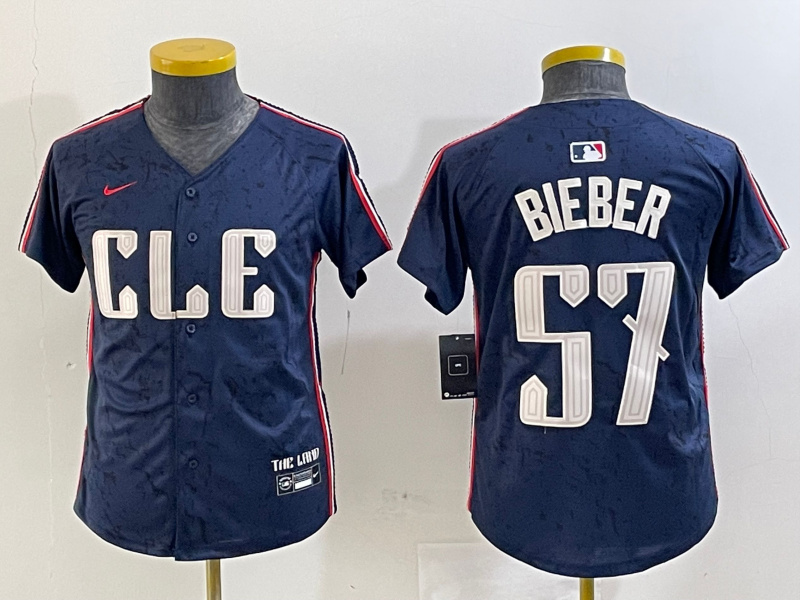Youth Cleveland Guardians #57 Shane Bieber Navy 2024 City Connect Limited Stitched Baseball Jersey 4 Youth Cleveland Guardians #57 Shane Bieber Navy 2024 City Connect Limited Stitched Baseball Jersey 4