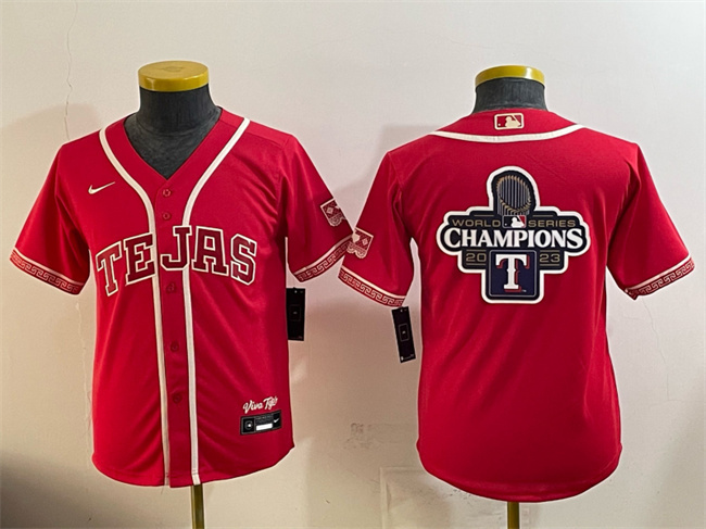 Youth Texas Rangers Team Big Logo Red 2026 City Connect Stadium Stitched Baseball Jersey 001