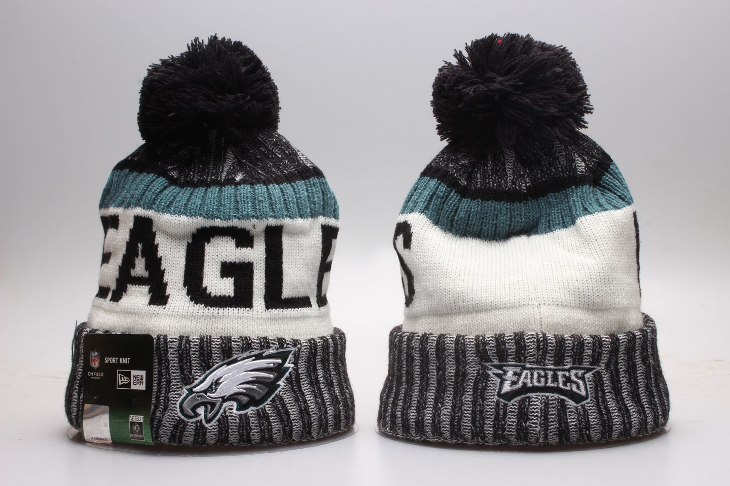 Eagles Fresh White Wordmark Cuffed Pom Knit Hat YP