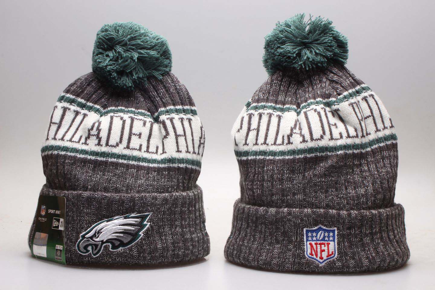 Eagles Team Gray Wordmark Cuffed Pom Knit Hat YP