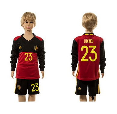 Belgium #23 Kukaku Red Home Long Sleeves Kid Soccer Country Jersey