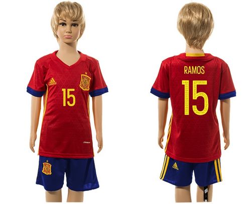Spain #15 Ramos Red Home Kid Soccer Country Jersey