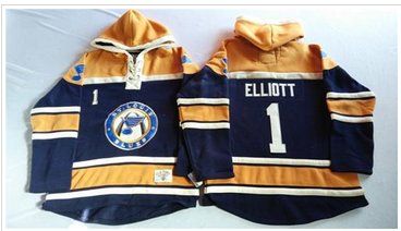 St.Louis Blues #1 Brian Elliott Navy Blue Gold Sawyer Hooded Sweatshirt Stitched NHL Jersey
