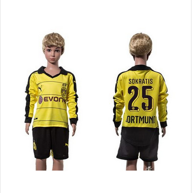 Dortmund #25 Sokratis Home Long Sleeves Kid Soccer Club Jersey