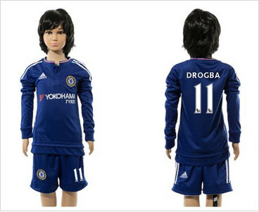 Chelsea #11 Drogba Blue Home Long Sleeves Kid Soccer Club Jersey