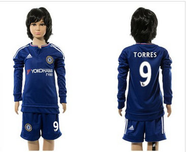 Chelsea #9 Torres Blue Home Long Sleeves Kid Soccer Club Jersey